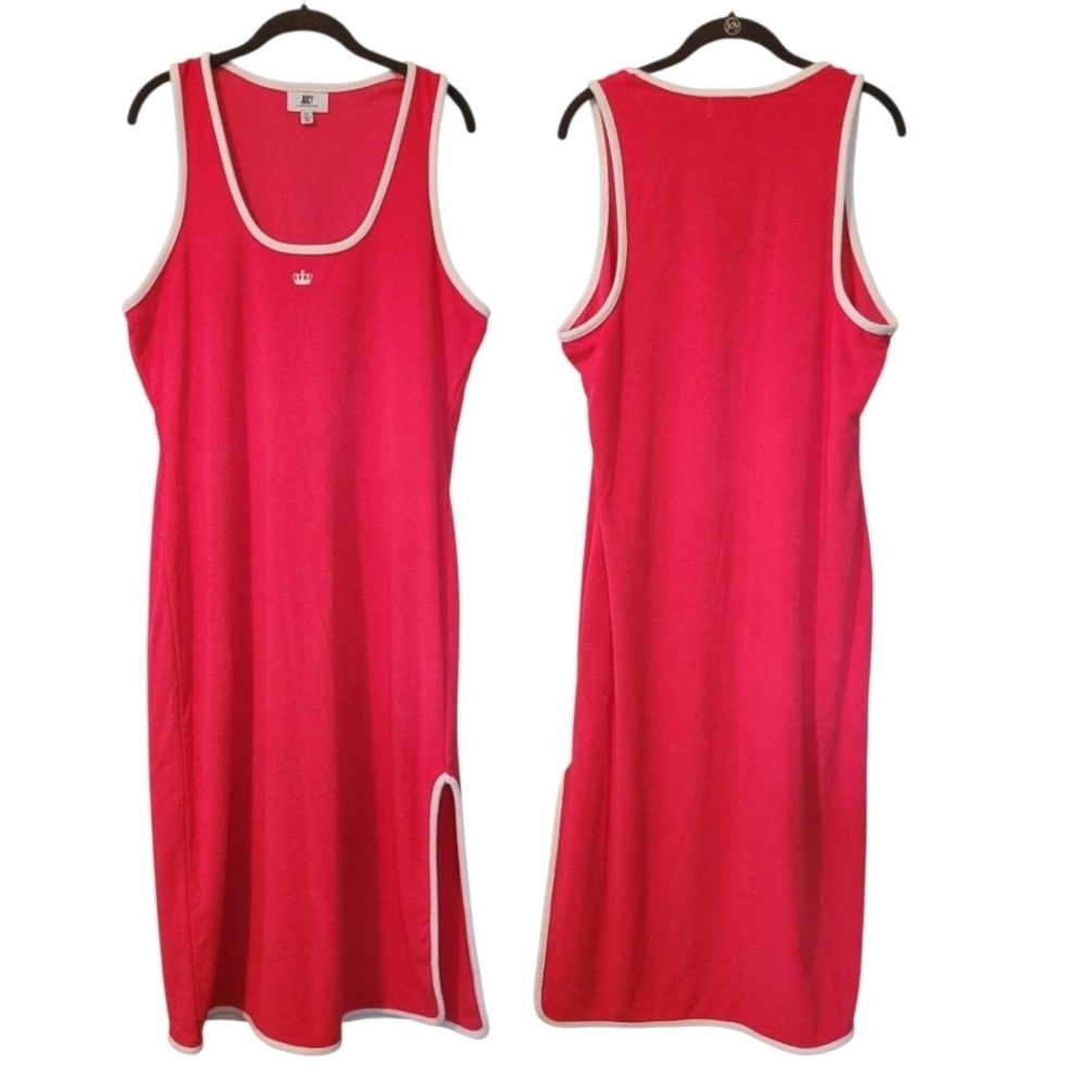 Juicy Couture XXL Hot Pink White Trim Terry Cloth Midi Dress Beach Pool Resort